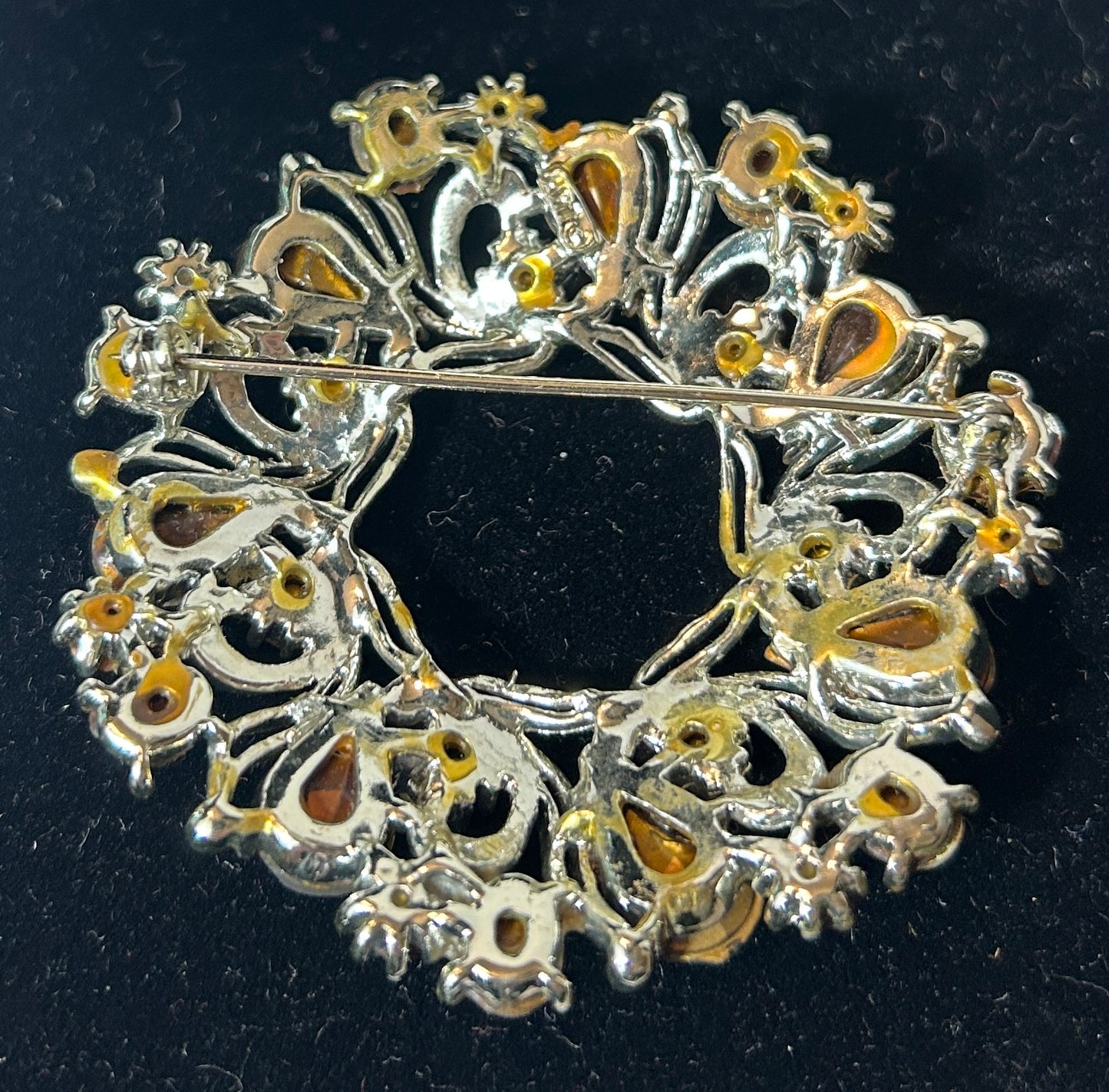 Vintage Silver-Tone Round Wreath Brooch with White and Aurora Borealis Stones