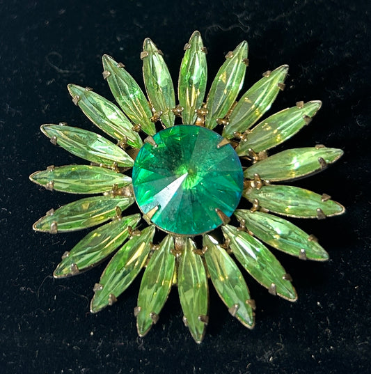 Vintage Green Rivoli & Marquise Rhinestone Sunburst Brooch
