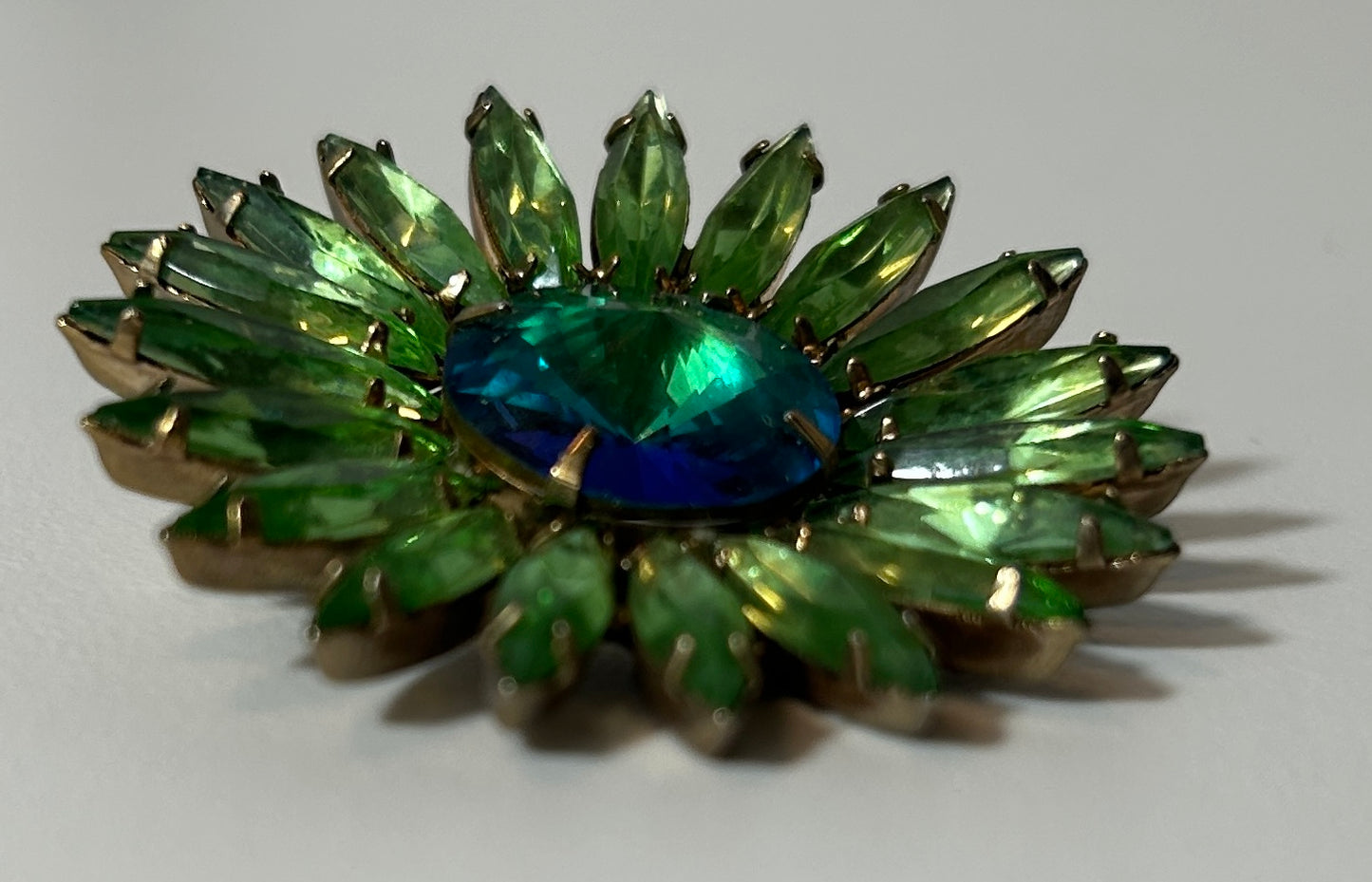 Vintage Green Rivoli & Marquise Rhinestone Sunburst Brooch