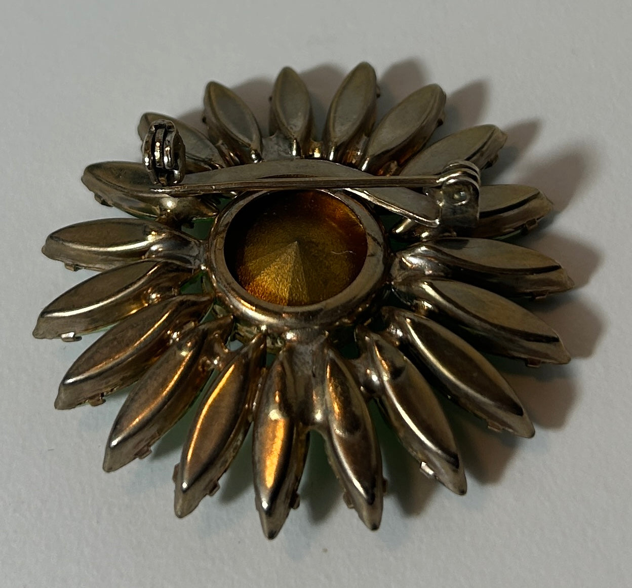 Vintage Green Rivoli & Marquise Rhinestone Sunburst Brooch