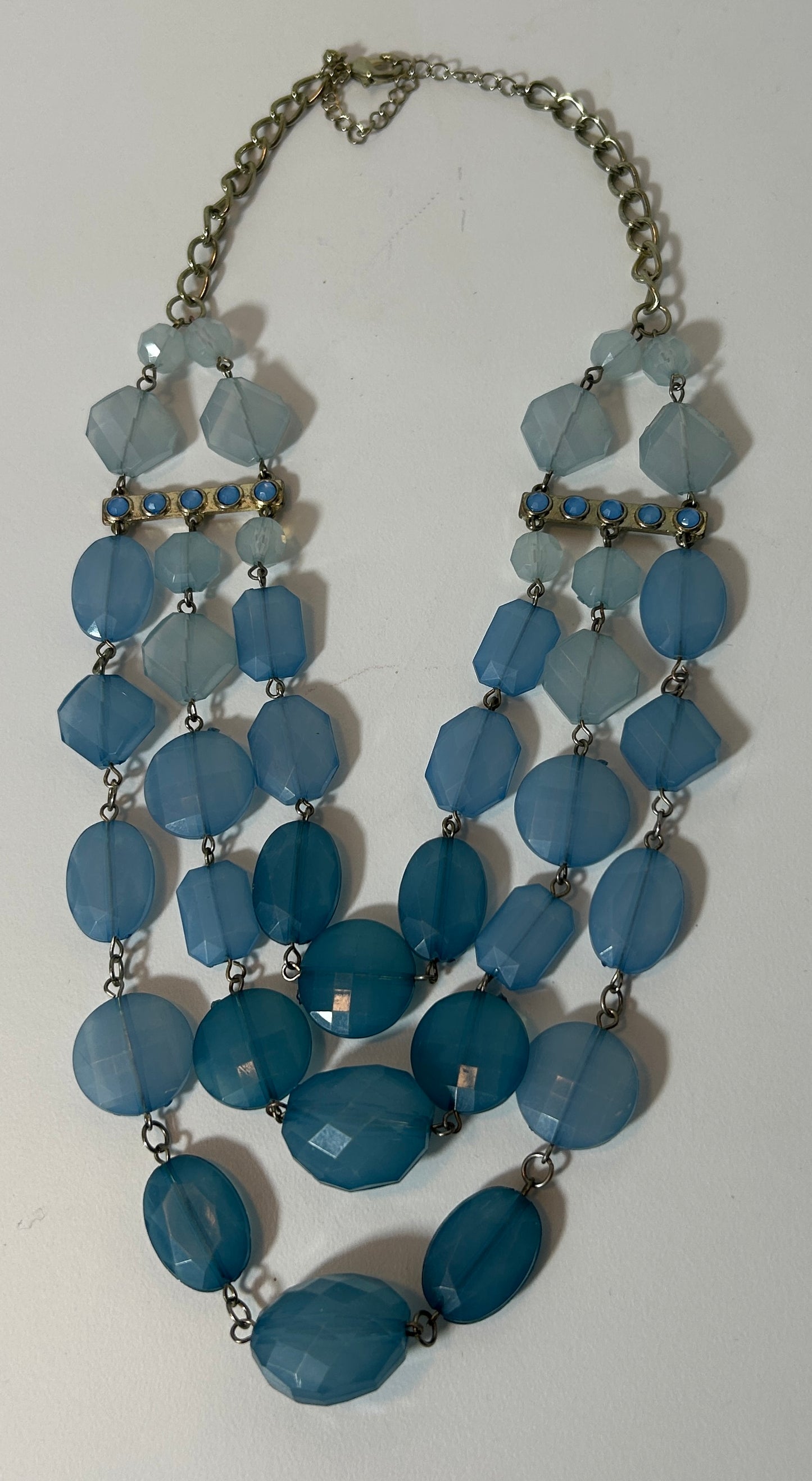 Vintage Triple Strand Blue Lucite Beaded Statement Necklace with Adjustable Chain