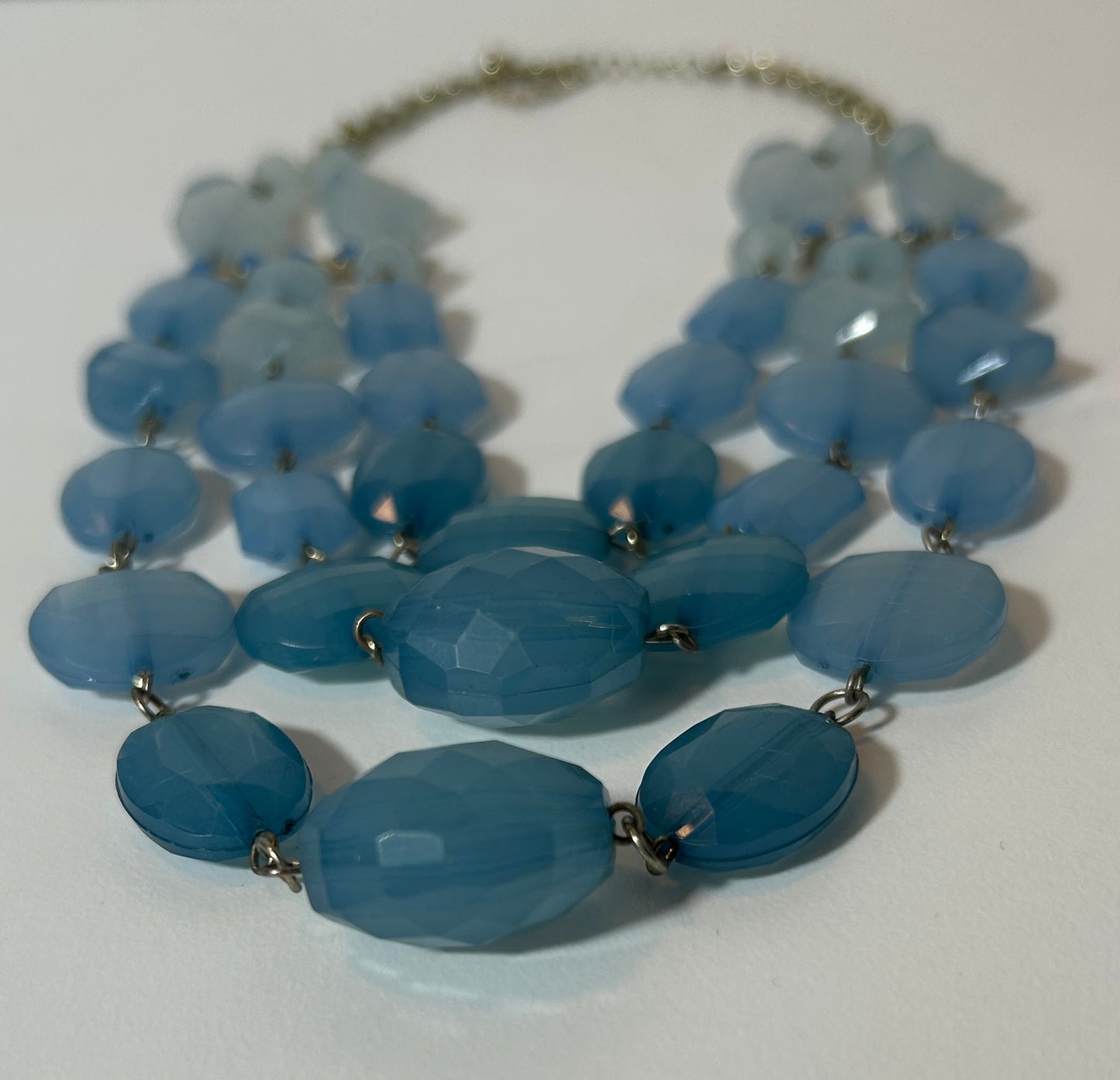 Vintage Triple Strand Blue Lucite Beaded Statement Necklace with Adjustable Chain