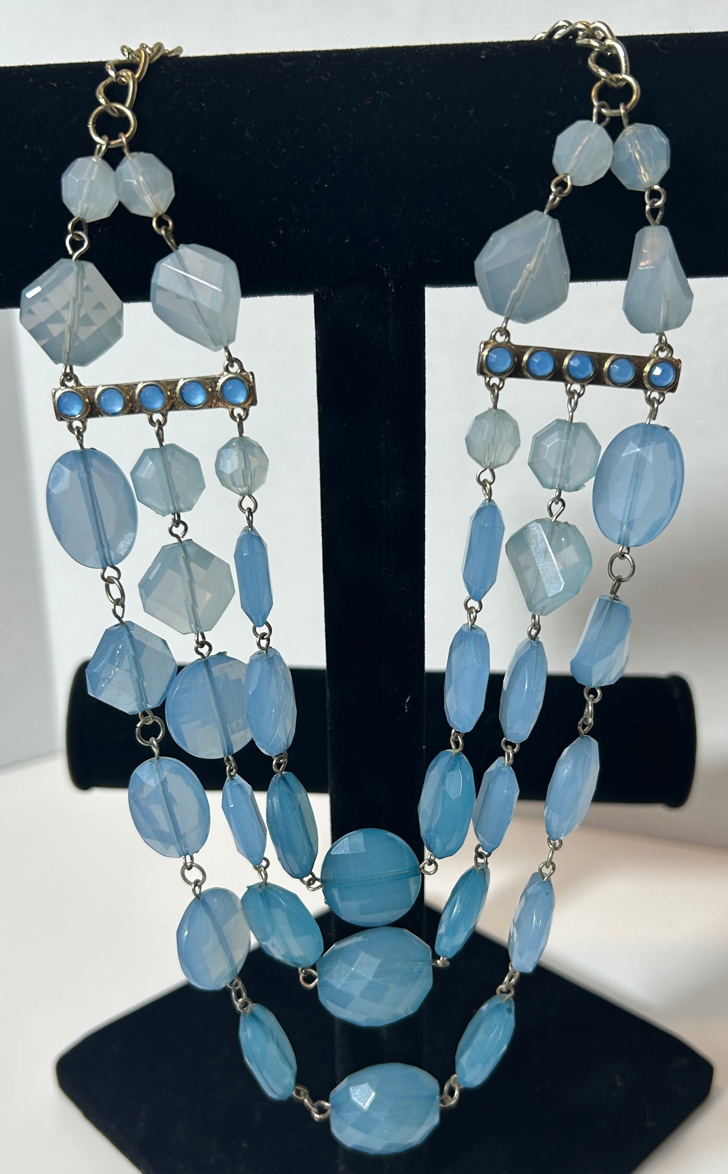 Vintage Triple Strand Blue Lucite Beaded Statement Necklace with Adjustable Chain