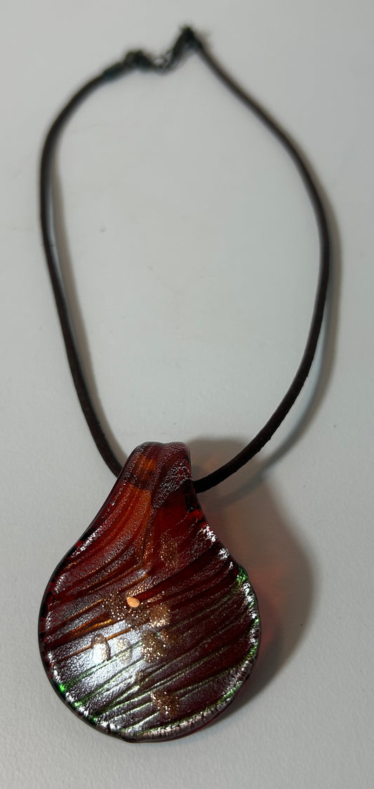Murano Style Art Glass Teardrop Pendant Necklace with Brown Cord – Metallic Red & Iridescent Green Stripes