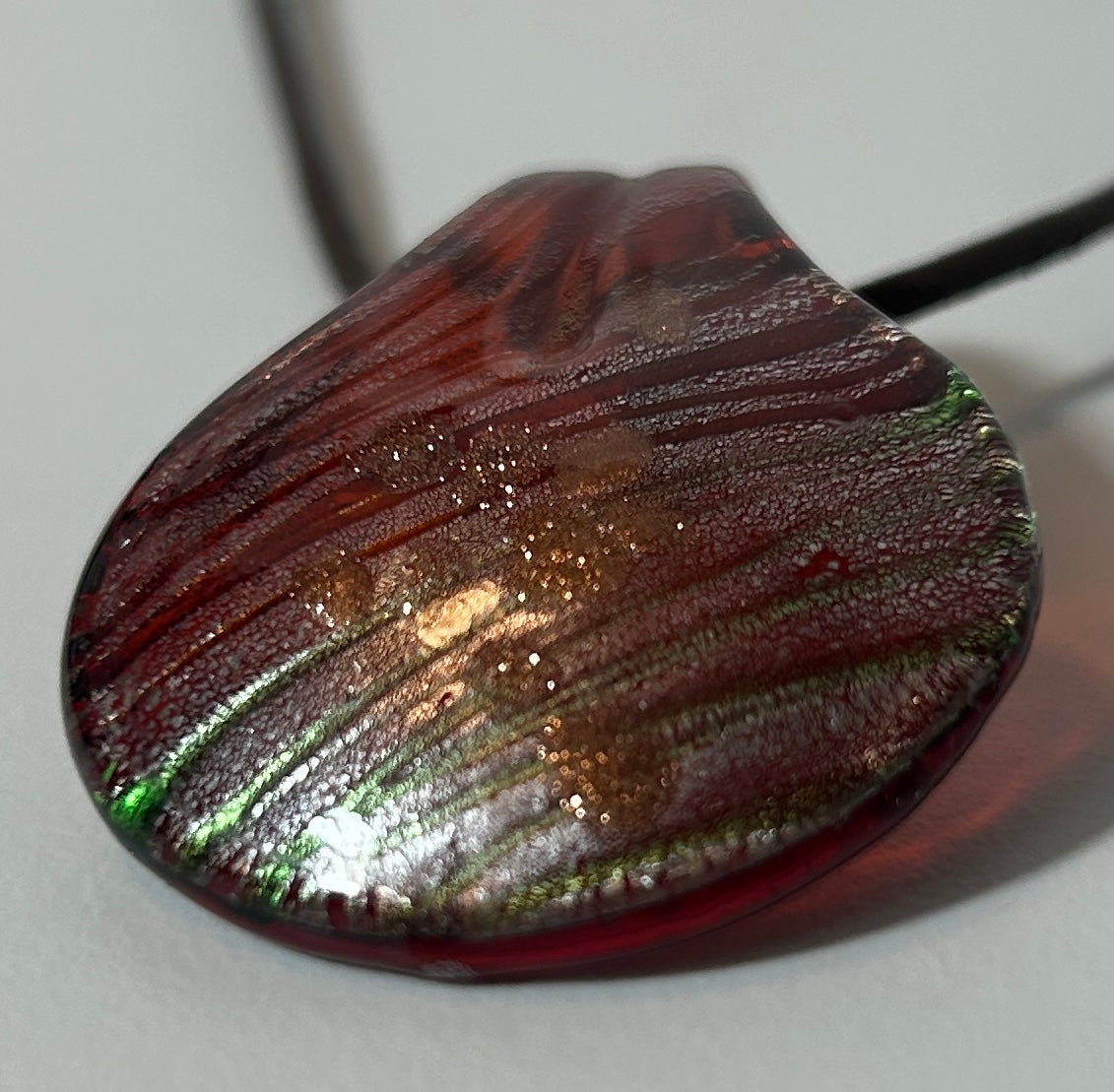 Murano Style Art Glass Teardrop Pendant Necklace with Brown Cord – Metallic Red & Iridescent Green Stripes