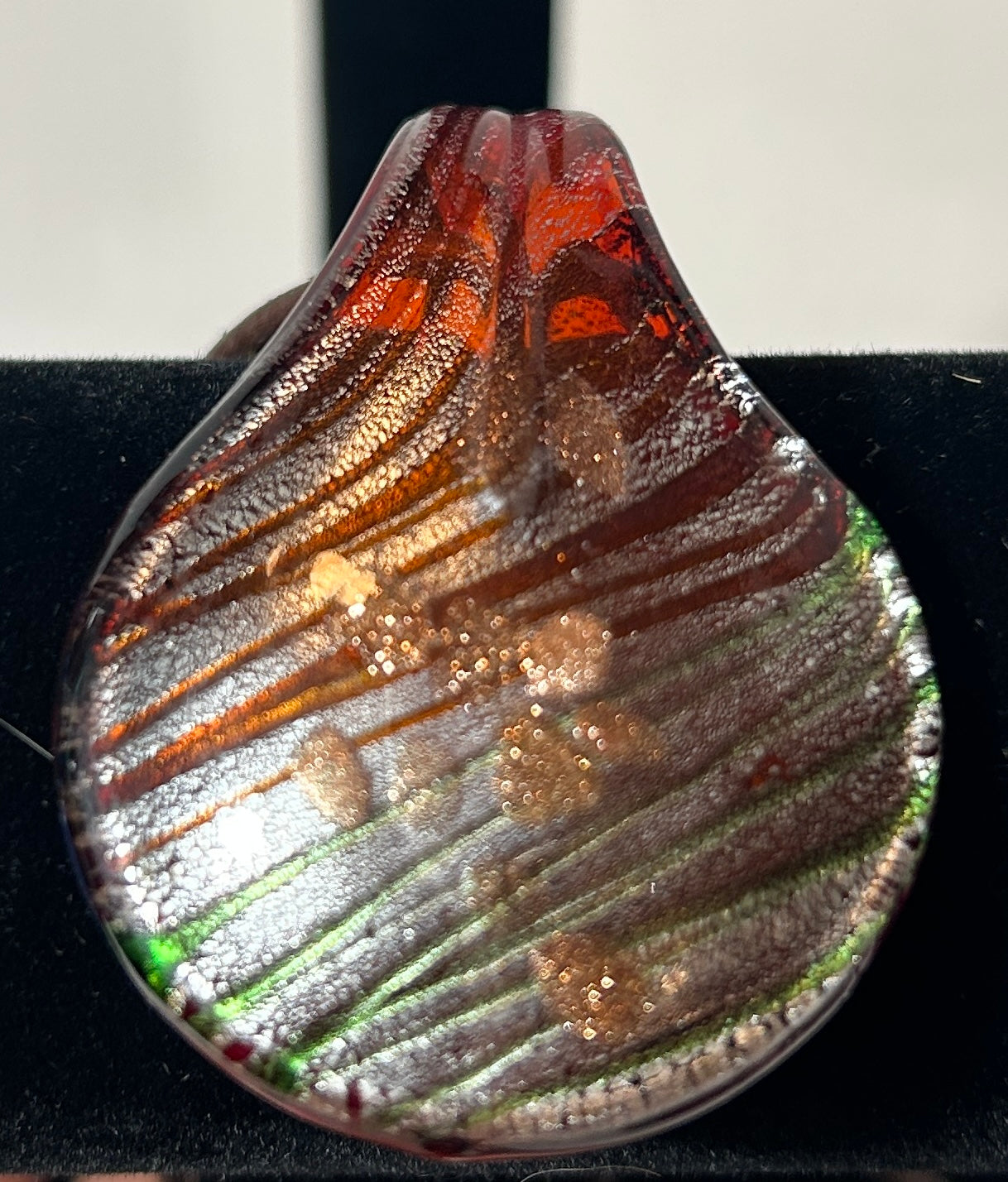 Murano Style Art Glass Teardrop Pendant Necklace with Brown Cord – Metallic Red & Iridescent Green Stripes