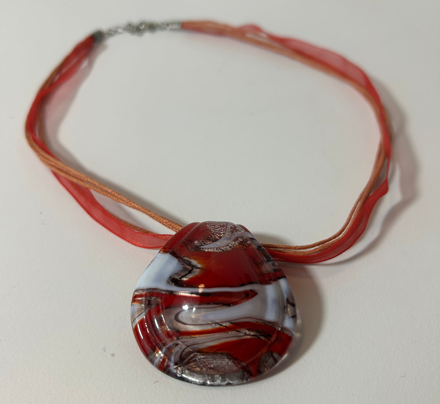 Red and White Swirl Murano-Style Art Glass Pendant Necklace with Multi-Strand Ribbon Cord