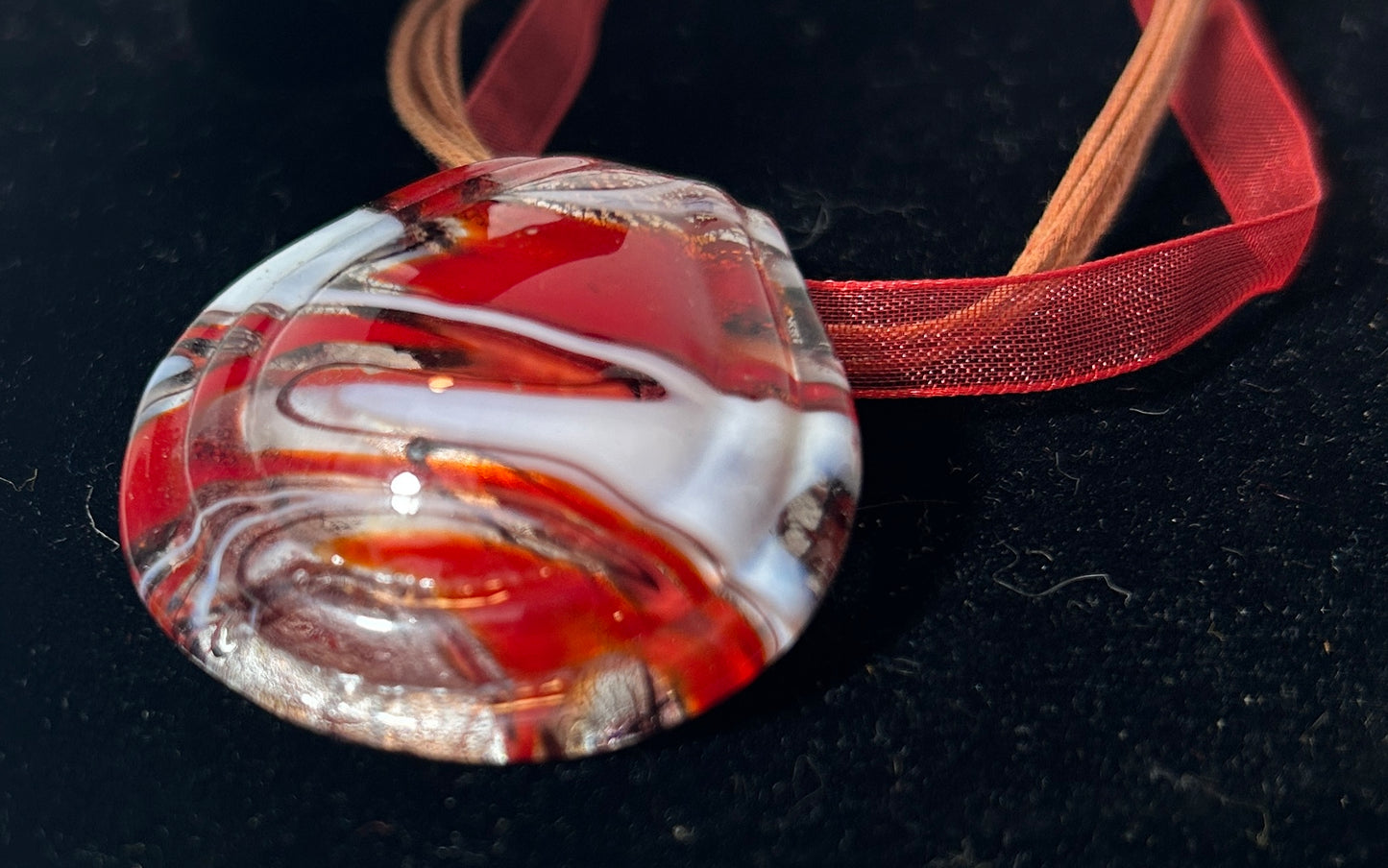 Red and White Swirl Murano-Style Art Glass Pendant Necklace with Multi-Strand Ribbon Cord