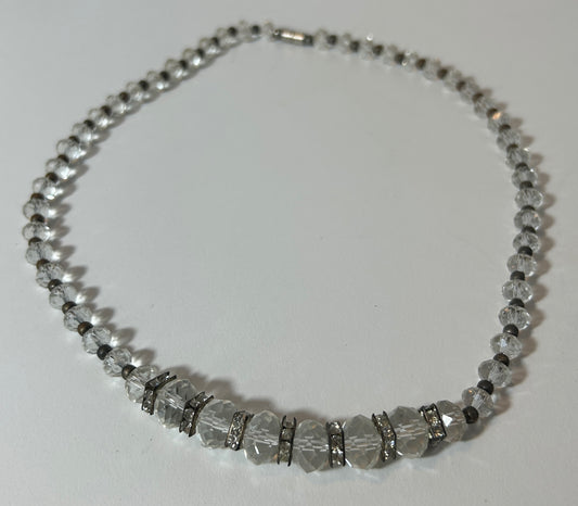 Vintage Crystal Beaded Choker Necklace with Rhinestone Spacers – Art Deco Style, Clear Faceted Glass Beads