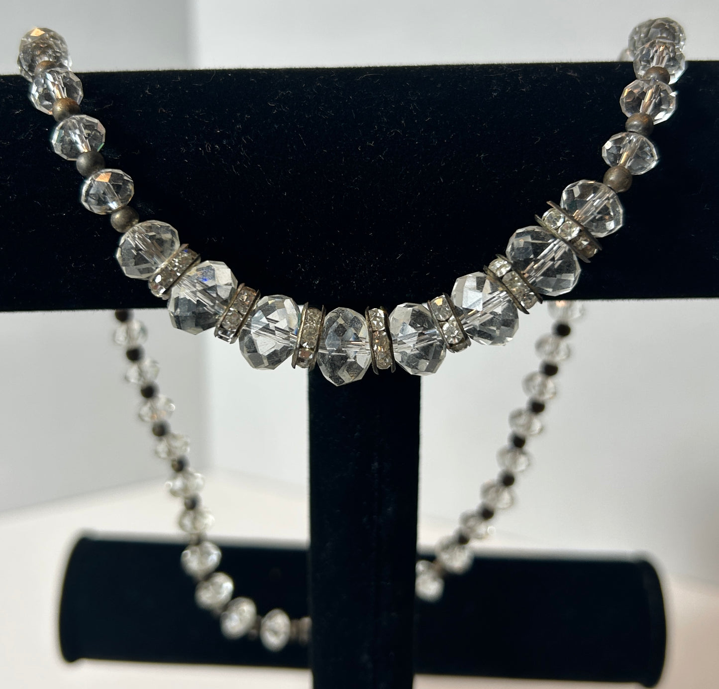 Vintage Crystal Beaded Choker Necklace with Rhinestone Spacers – Art Deco Style, Clear Faceted Glass Beads