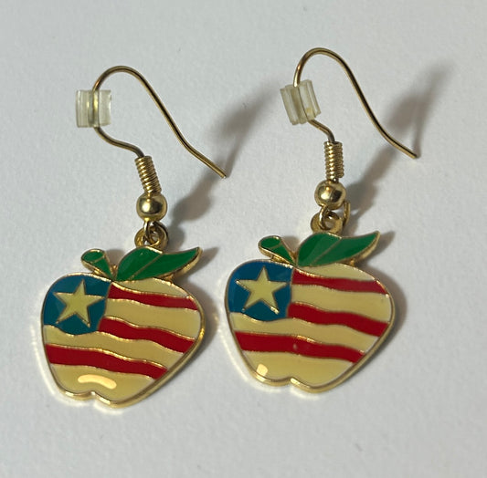 Vintage Apple American Flag Teacher Earrings – Enamel Patriotic Dangle Jewelry, USA Made