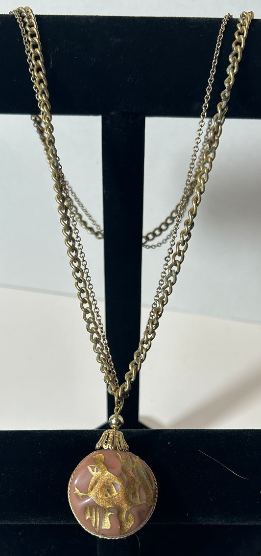 Vintage Mid-Century Modern Double Chain Necklace with Abstract Gold-Flecked Resin Orb Pendant