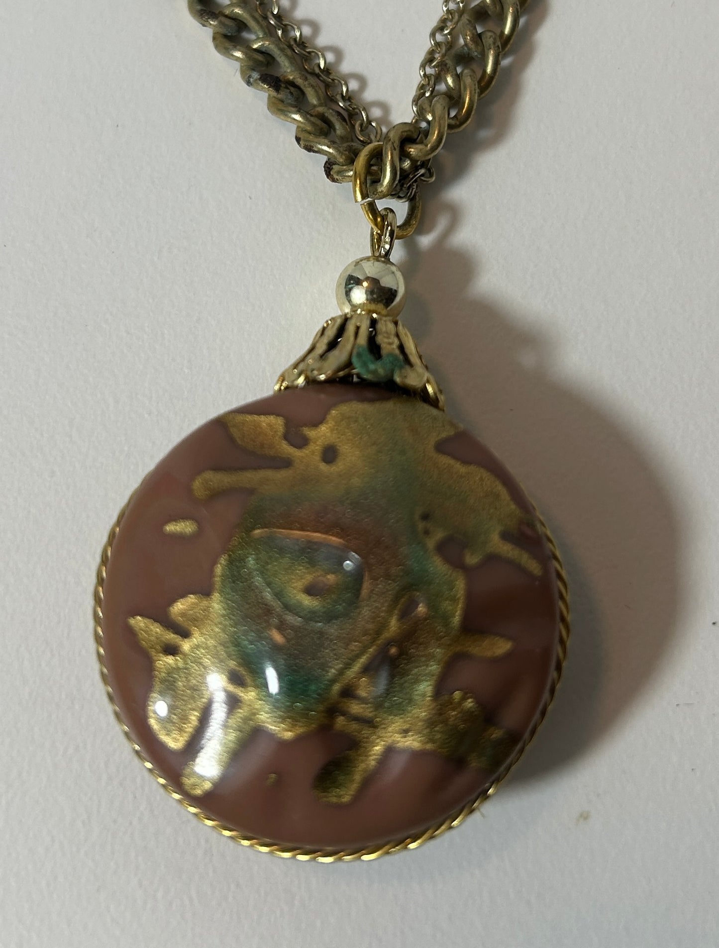 Vintage Mid-Century Modern Double Chain Necklace with Abstract Gold-Flecked Resin Orb Pendant