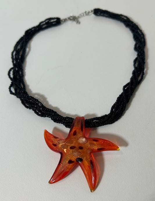 Handcrafted Murano-Style Glass Starfish Pendant Necklace with Black Seed Bead Strand – Coastal Statement Jewelry