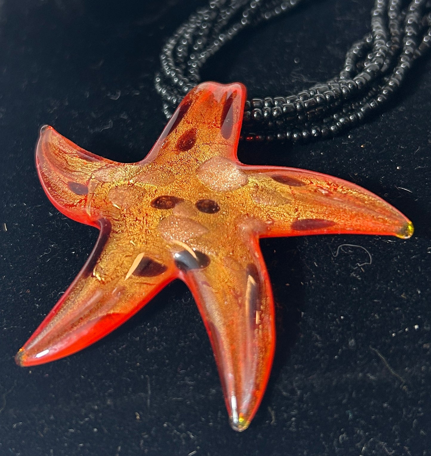 Handcrafted Murano-Style Glass Starfish Pendant Necklace with Black Seed Bead Strand – Coastal Statement Jewelry