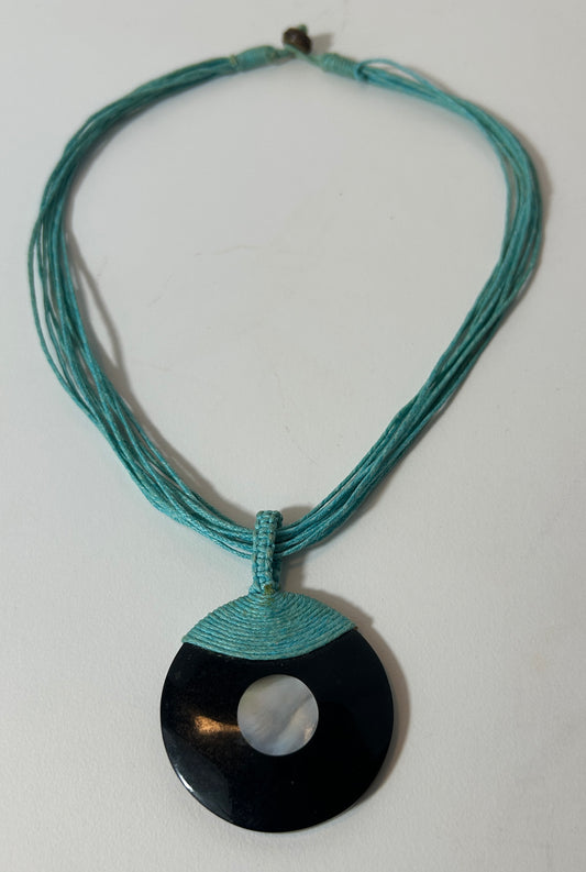Boho Turquoise Cord Necklace with Black Shell and Mother of Pearl Disc Pendant