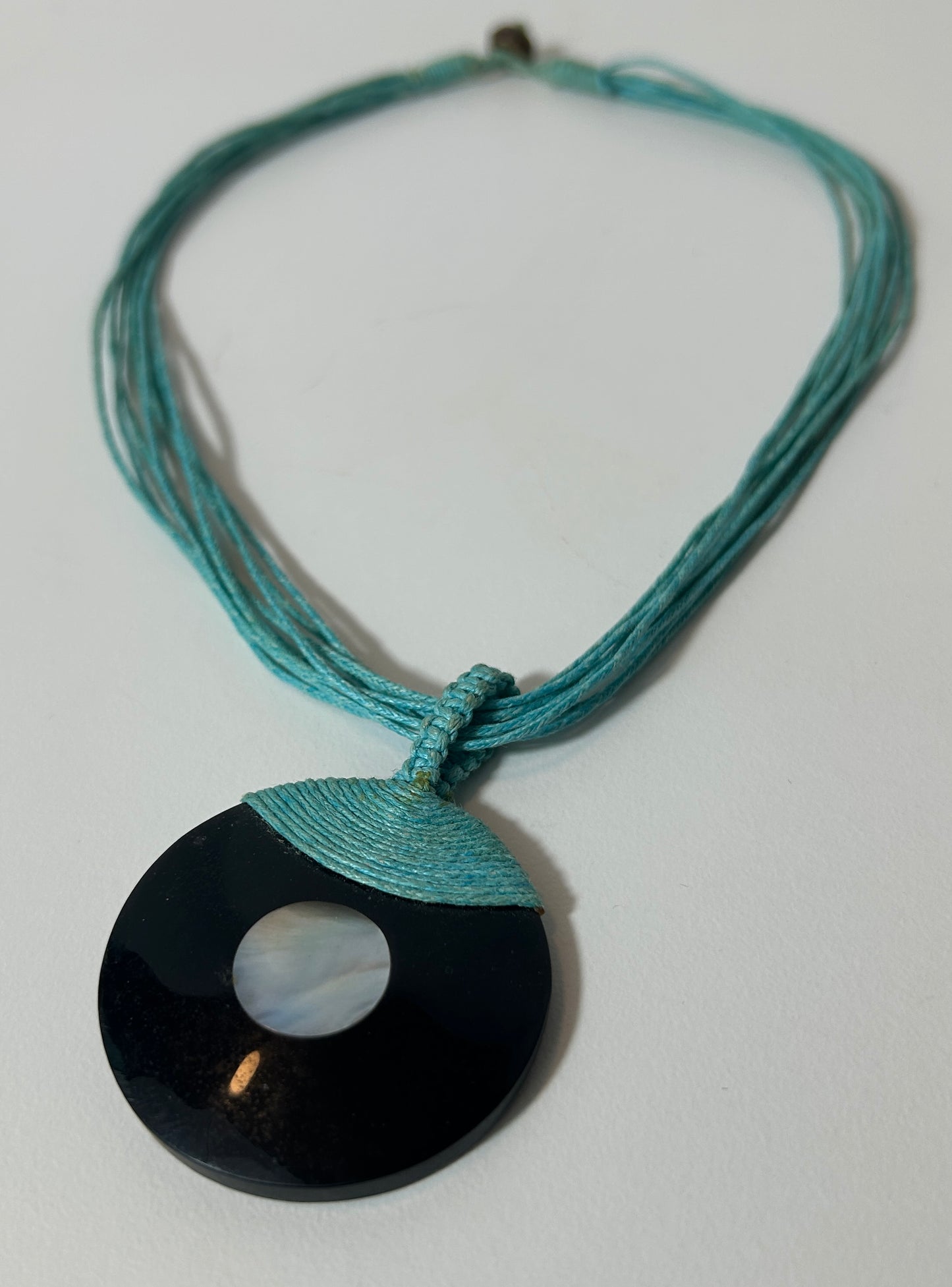 Boho Turquoise Cord Necklace with Black Shell and Mother of Pearl Disc Pendant