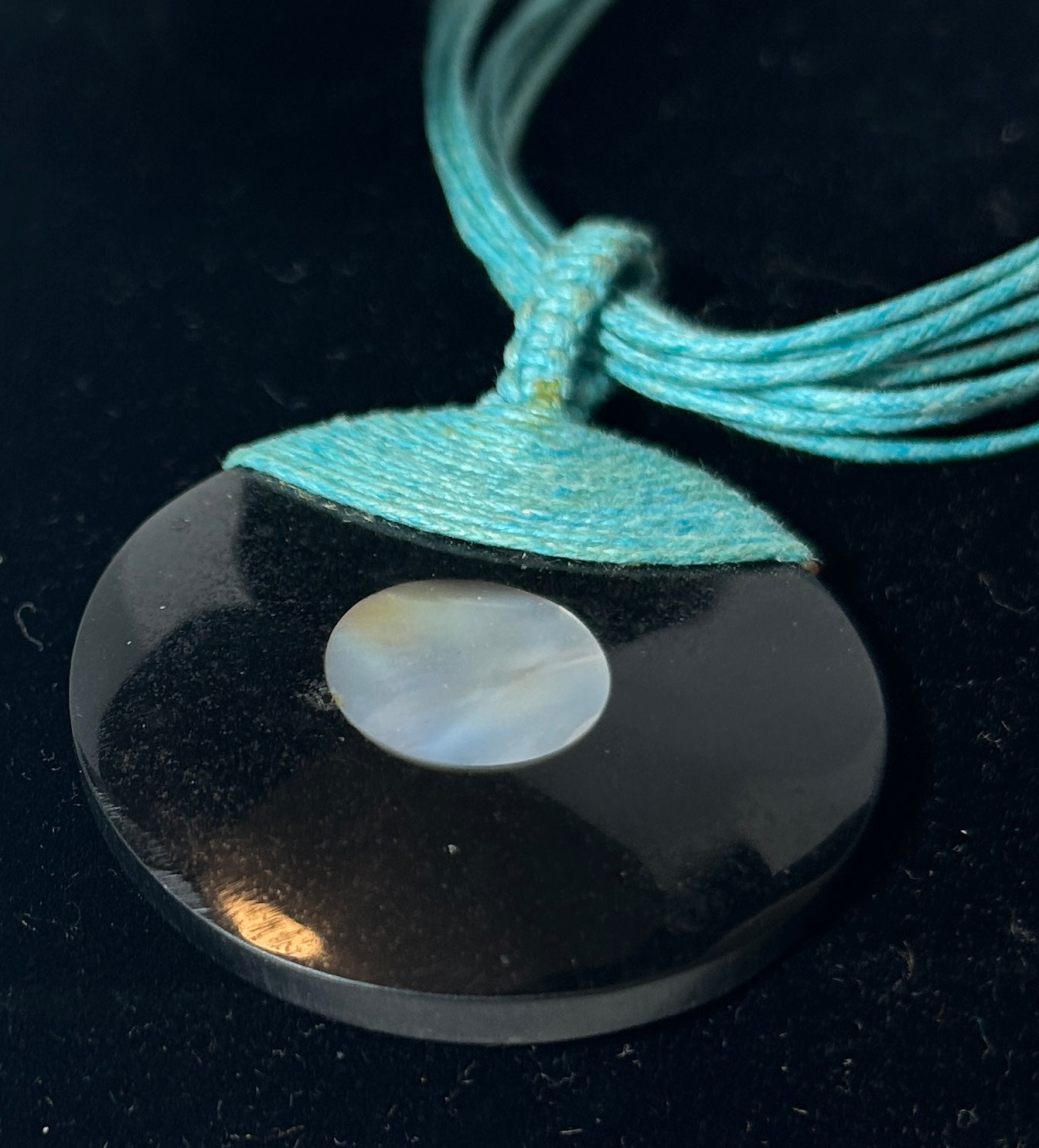Boho Turquoise Cord Necklace with Black Shell and Mother of Pearl Disc Pendant