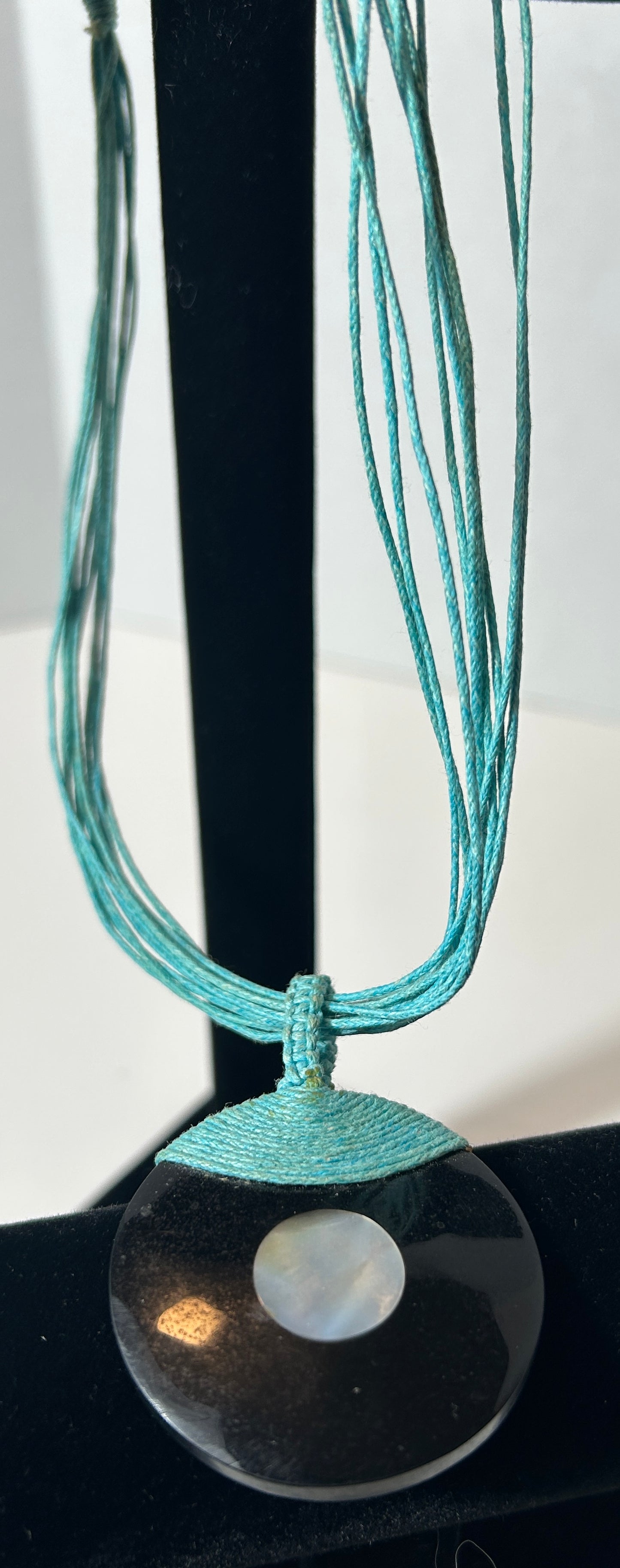 Boho Turquoise Cord Necklace with Black Shell and Mother of Pearl Disc Pendant