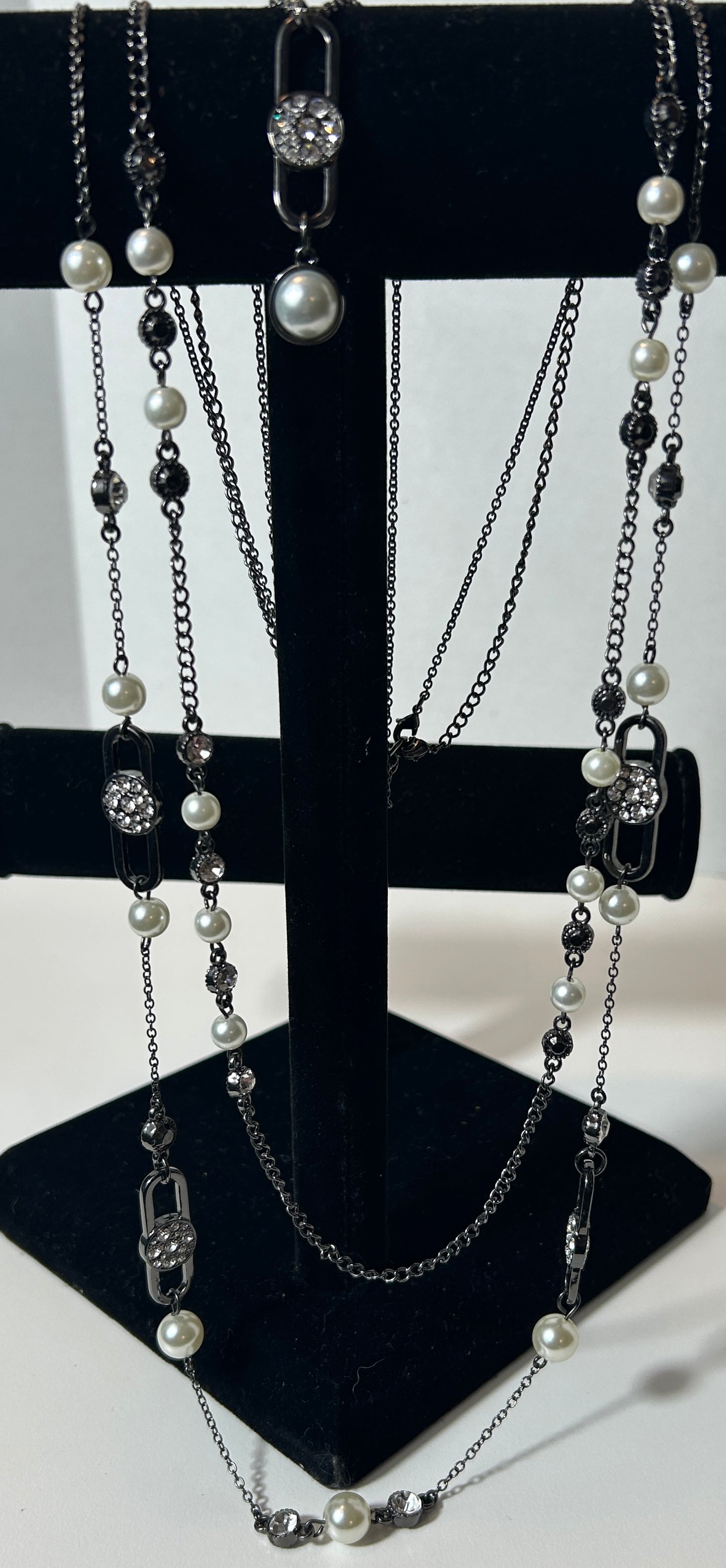 Gunmetal Multi-Strand Faux Pearl &amp; Rhinestone Statement Necklace – Layered Modern Glam Look