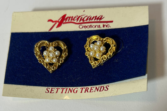 Vintage Americana Creations Heart Earrings with Faux Pearls – Gold-Tone Filigree on Original Card