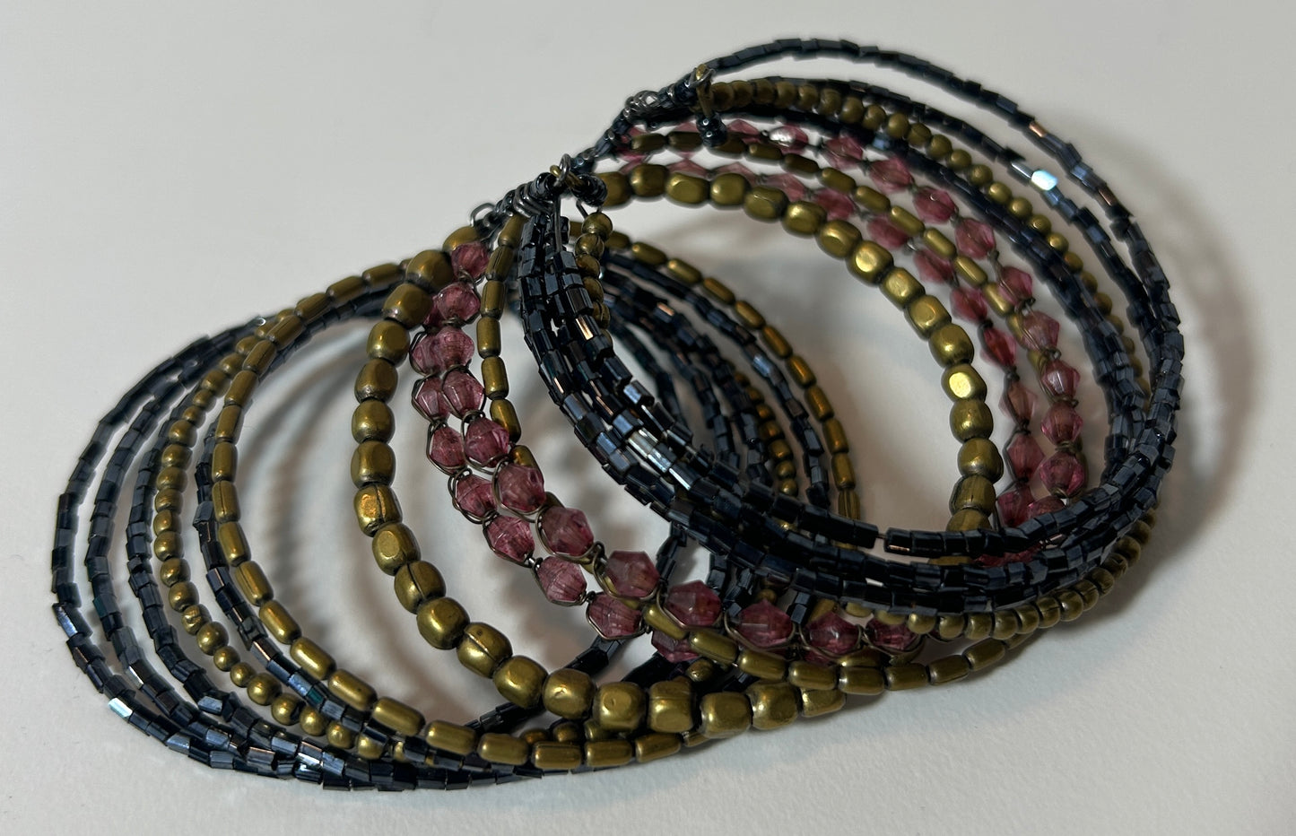 Vintage Multi-Strand Beaded Coil Bracelet – Black, Bronze, and Mauve Glass Beads, 1990s Boho Stretch Wrap Jewelry