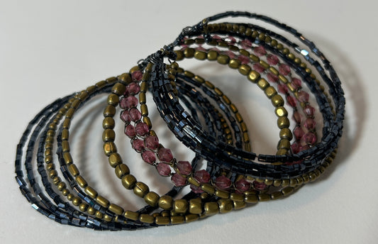 Vintage Multi-Strand Beaded Coil Bracelet – Black, Bronze, and Mauve Glass Beads, 1990s Boho Stretch Wrap Jewelry