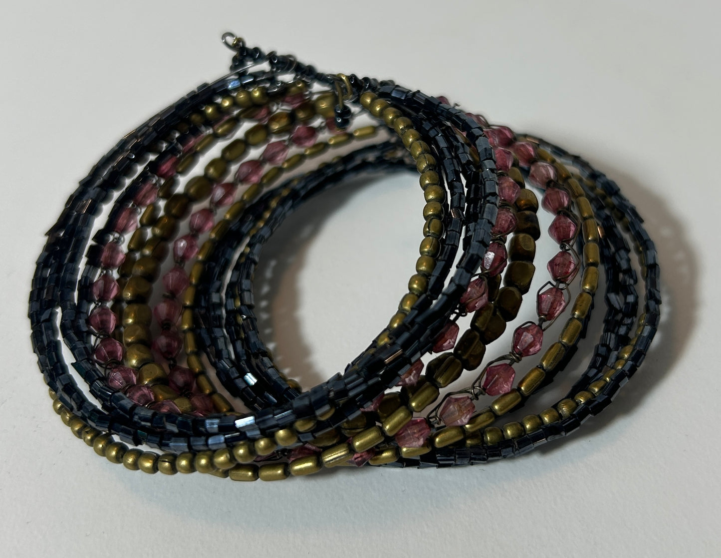 Vintage Multi-Strand Beaded Coil Bracelet – Black, Bronze, and Mauve Glass Beads, 1990s Boho Stretch Wrap Jewelry