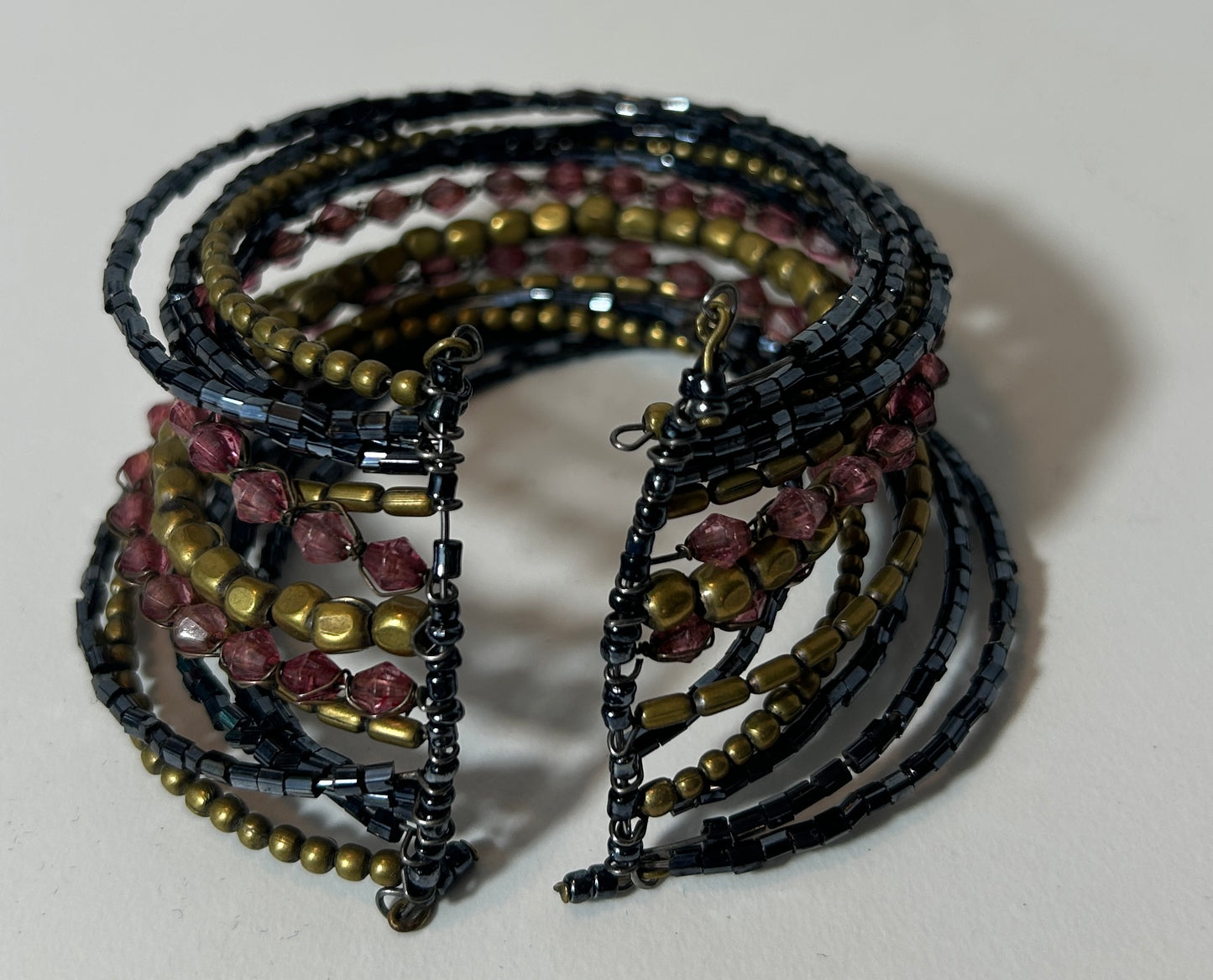 Vintage Multi-Strand Beaded Coil Bracelet – Black, Bronze, and Mauve Glass Beads, 1990s Boho Stretch Wrap Jewelry