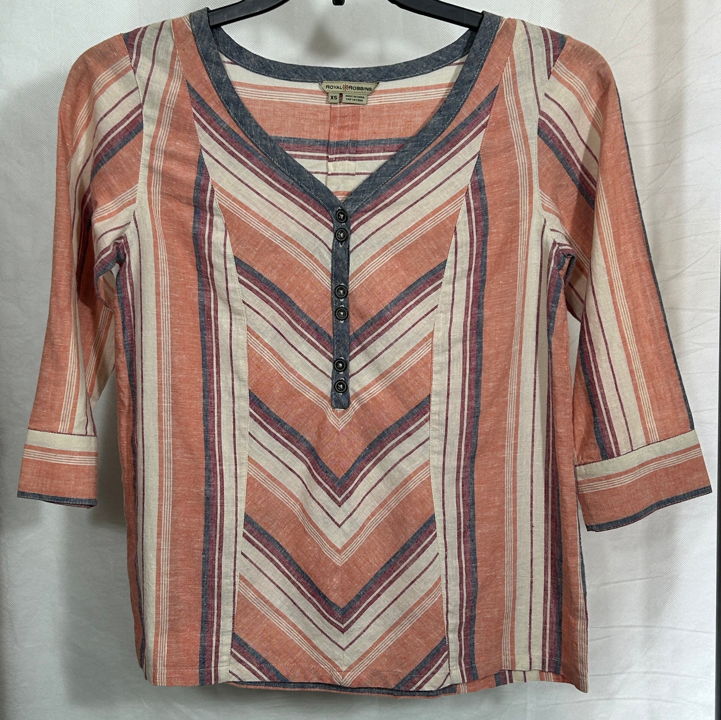 Royal Robbins XS Striped Boho Tunic Top – Hemp Blend, Earthy Tones, 3/4 Sleeve