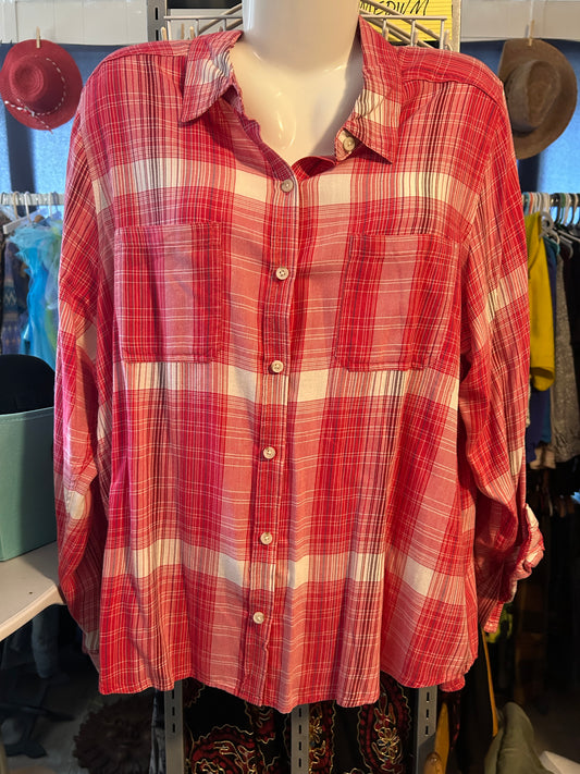 Cozy Red & White Plaid Button-Up Shirt – Oversized & Relaxed Fit