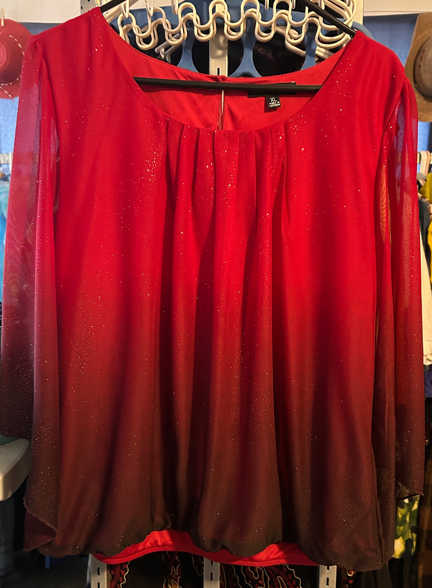 Red Ombre Glitter Sheer Blouse – Elegant & Flowing