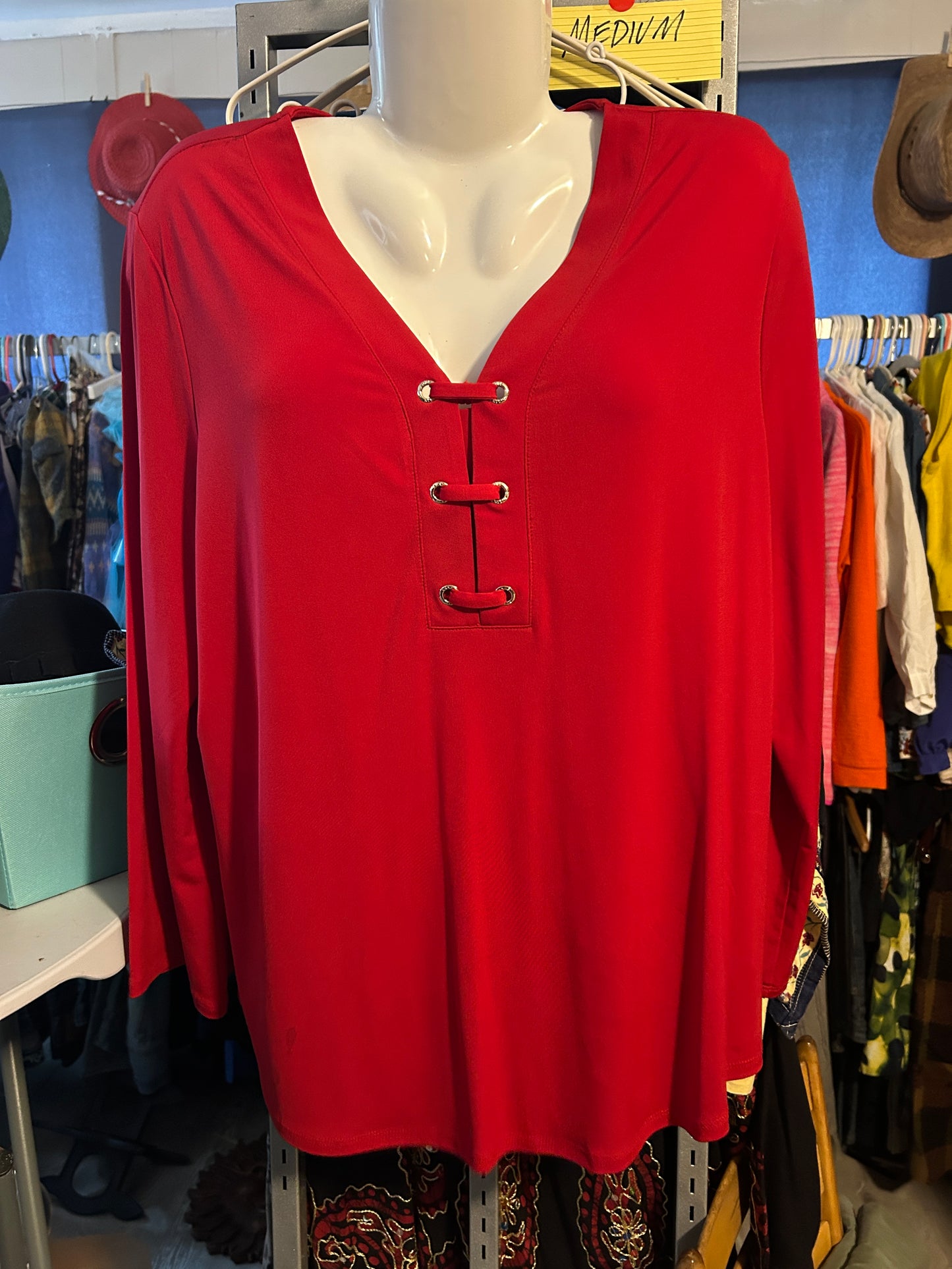 Red Lace-Up V-Neck Tunic - Effortlessly Stylish; Size XL