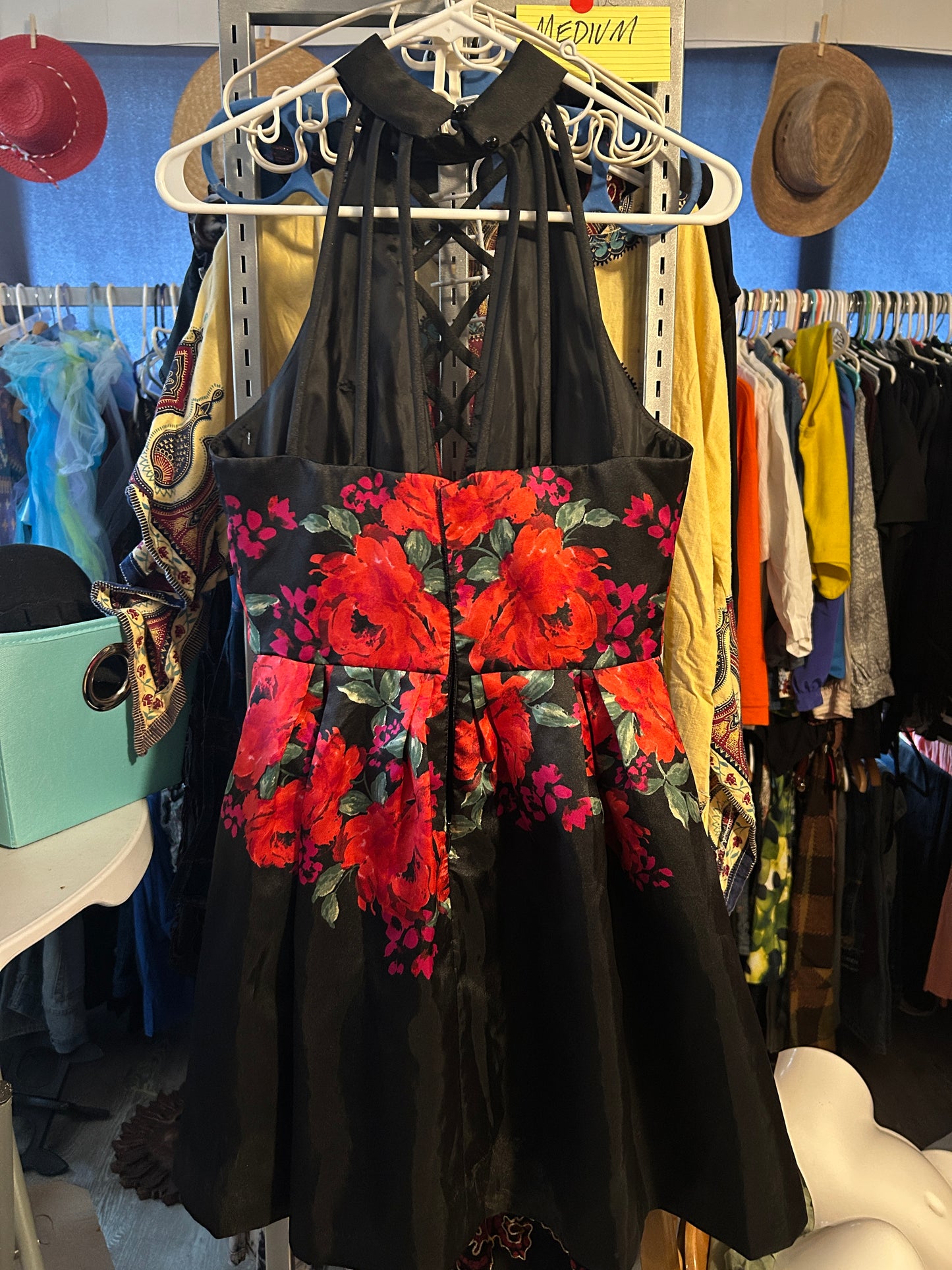 Dear Moon Black & Red Floral Halter Dress – Size 7