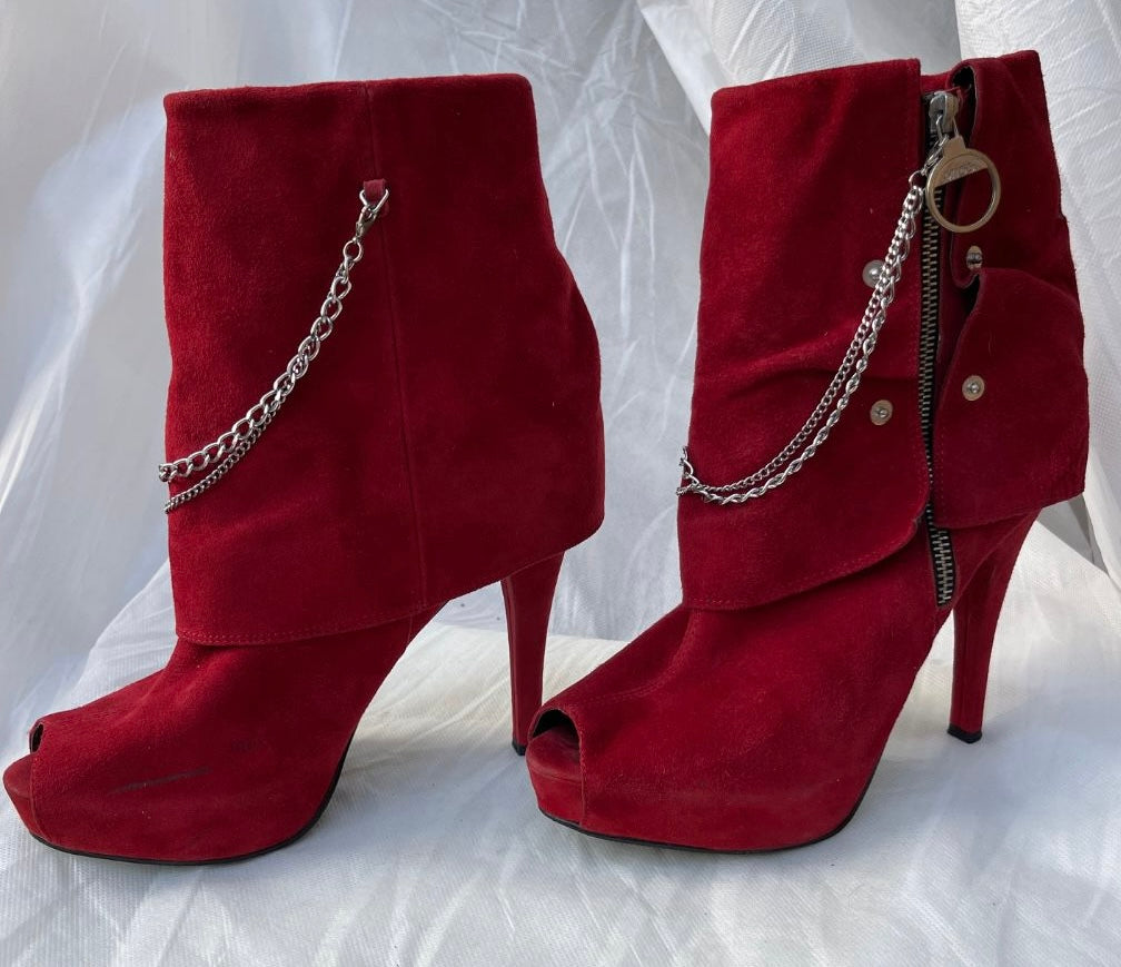 🔥 RARE Miss Sixty Red Suede Peep-Toe Ankle Boots with Chain Detail 🔥