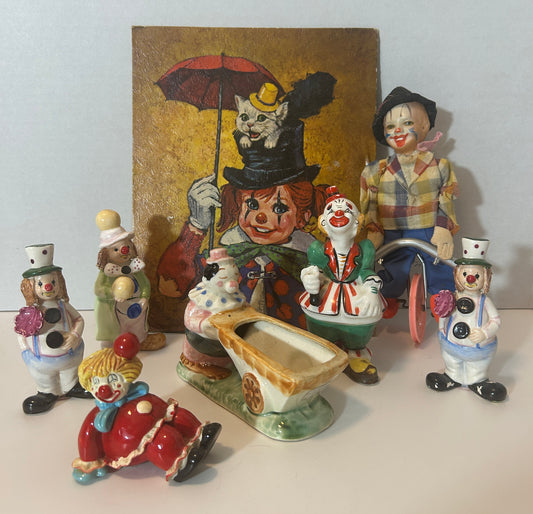 Vintage Clown Collectibles Lot - Mixed Media Figurines, Painting, and Doll