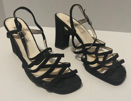 Vintage Sacha London Black Suede Strappy Block Heel Sandals – Made in Spain Size 10