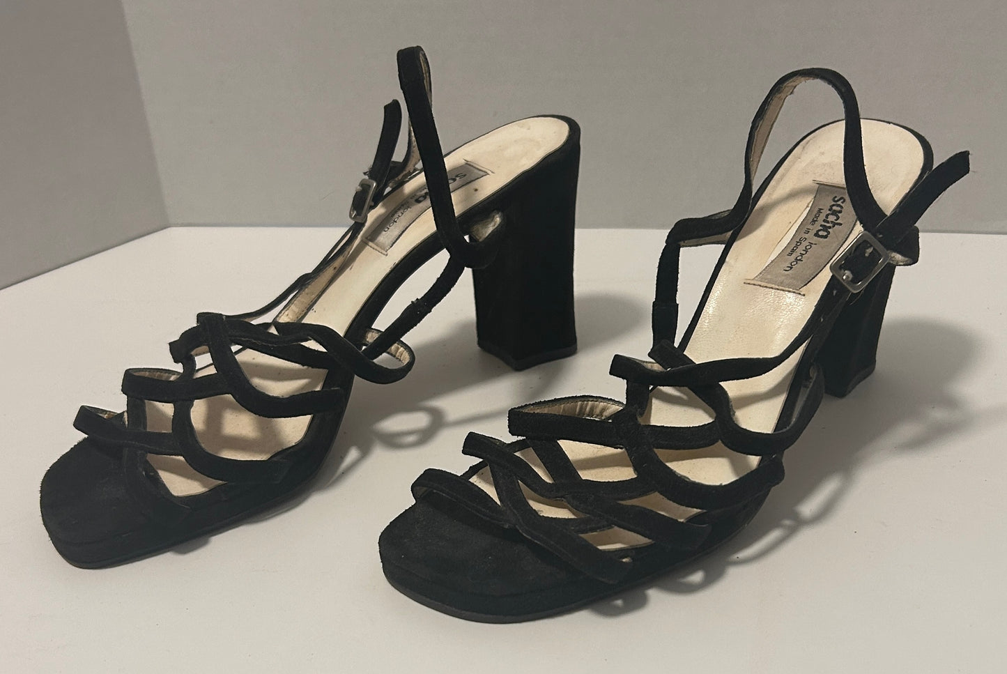 Vintage Sacha London Black Suede Strappy Block Heel Sandals – Made in Spain Size 10