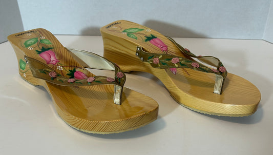 Vintage-Inspired Hand-Painted Wooden Wedge Sandals – Size 10