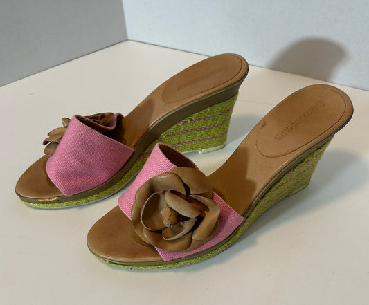 Bandolino Pink and Green Wedge Sandals with Leather Flower – Size 9