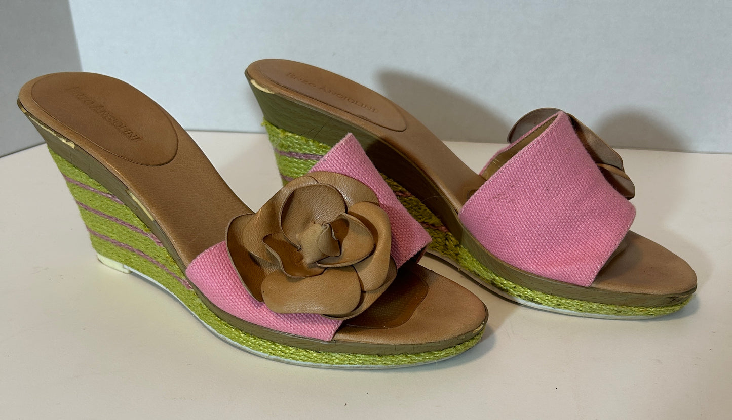 Bandolino Pink and Green Wedge Sandals with Leather Flower – Size 9