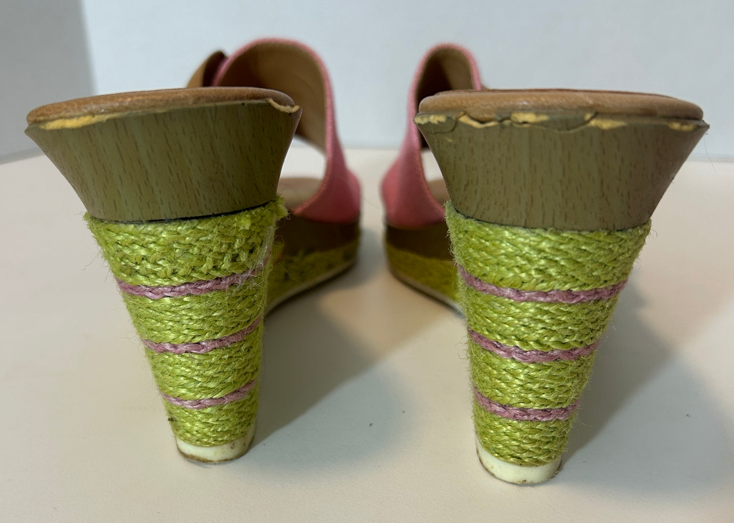 Bandolino Pink and Green Wedge Sandals with Leather Flower – Size 9