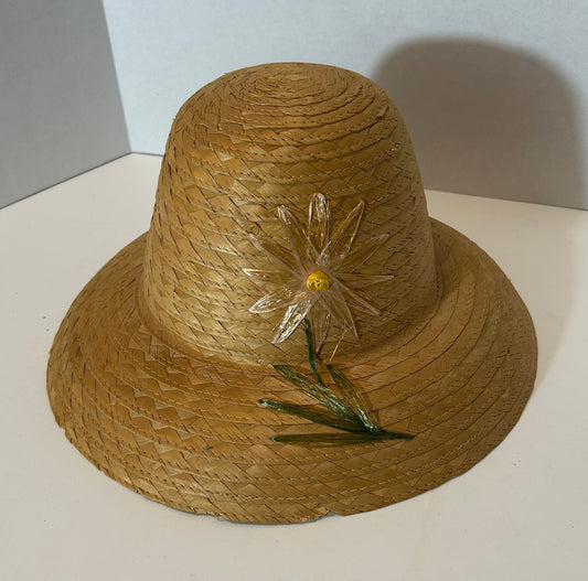 Vintage Handwoven Straw Hat with Clear Lucite Daisy Embellishment