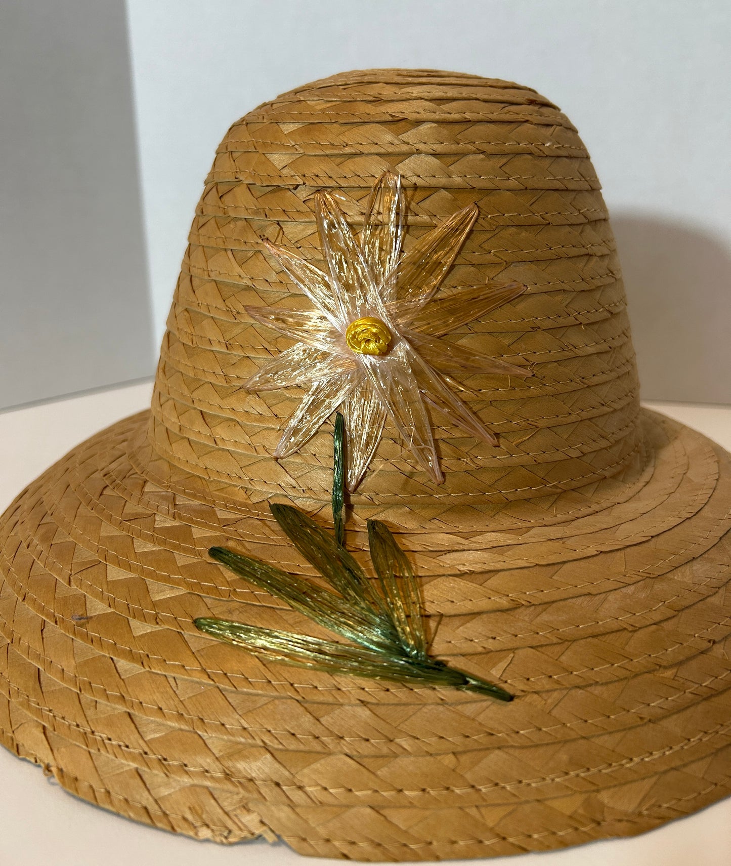 Vintage Handwoven Straw Hat with Clear Lucite Daisy Embellishment