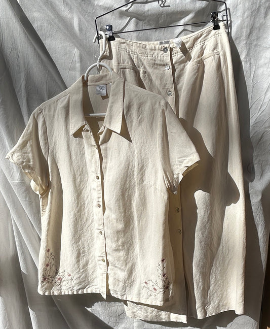 Emma James by Liz Claiborne Linen Blend Embroidered Button-Up Shirt and Skirt Set - Size 12