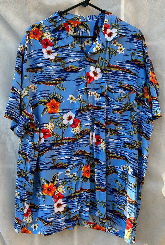 Men's Hawaiian Aloha Shirt – Vibrant Blue Tropical Print, Size XL