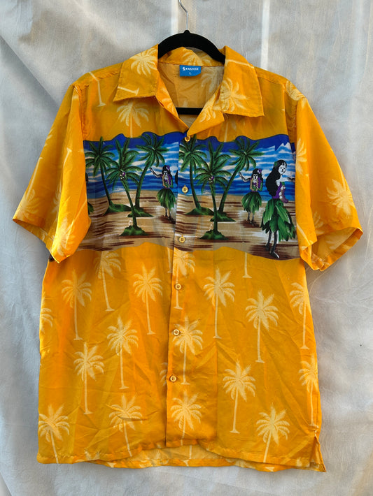 Vintage Onshore Hawaiian Shirt – Yellow Hula Dancers and Palm Trees – Size L