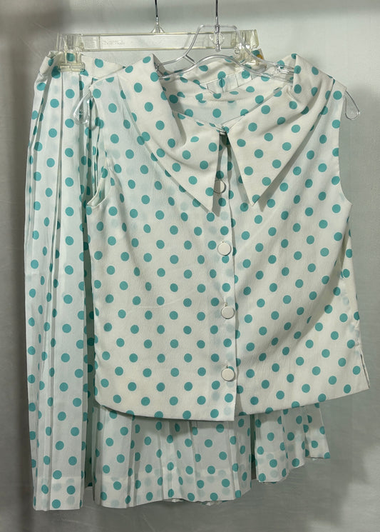 Vintage Handmade 1960s Polka Dot Sleeveless Blouse & Pleated Skirt Set – White and Aqua Blue