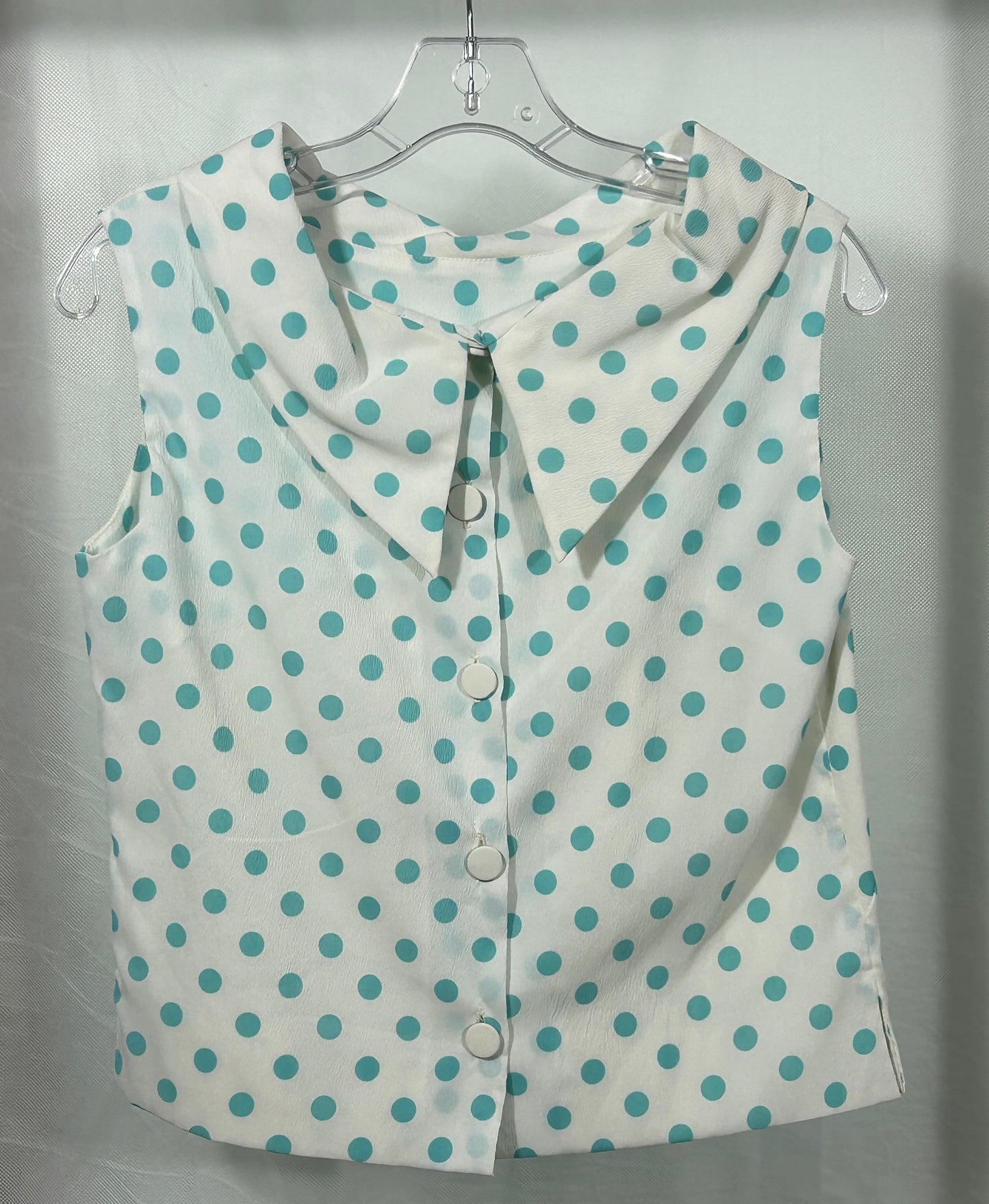 Vintage Handmade 1960s Polka Dot Sleeveless Blouse & Pleated Skirt Set – White and Aqua Blue