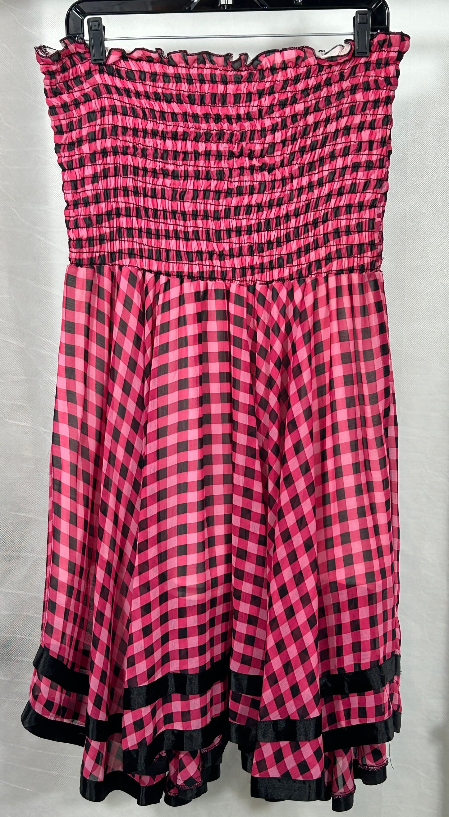 Vintage Inspired Pink and Black Gingham Flowy Strapless Dress